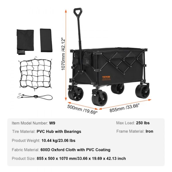 VEVOR folding wagon with pvc hubs, 600d oxford cloth, and dimensions 855x500x1070mm. includes net and covers.