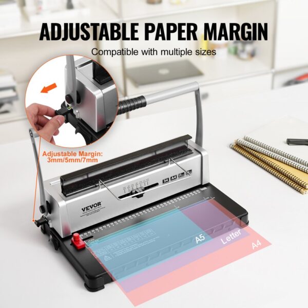 VEVOR binding machine with adjustable paper margin, compatible with a4, a5, and letter sizes.