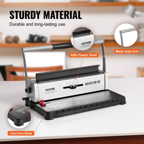 VEVOR binding machine with metal side arm, abs plastic shell, and cast iron base on a white table.