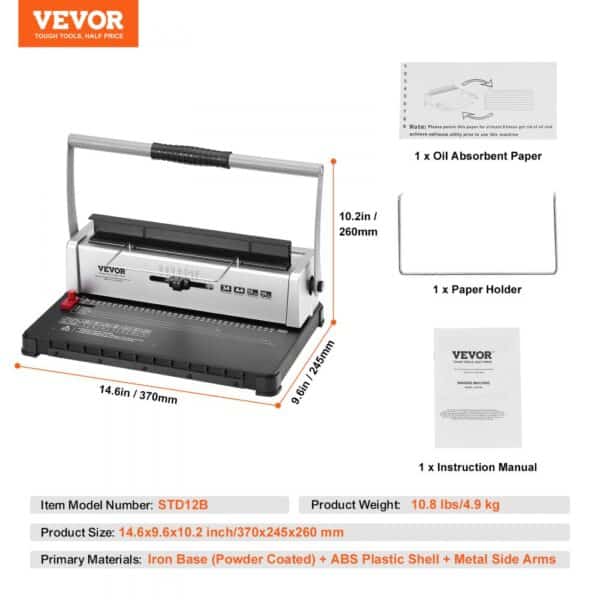 VEVOR binding machine std12b with dimensions and included accessories: oil absorbent paper, paper holder, manual.