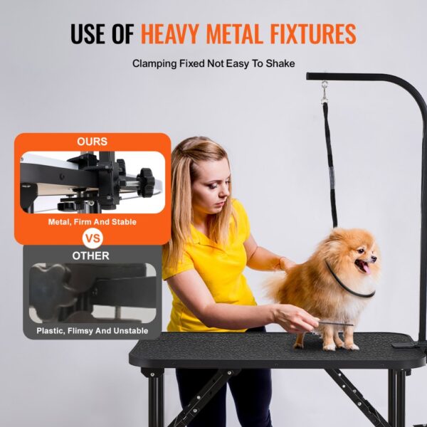 VEVOR pet grooming table with heavy metal fixtures, showcasing stable clamping against flimsy alternatives.