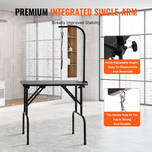 VEVOR pet grooming table with single-arm design, adjustable height knob, and strong noose hole.