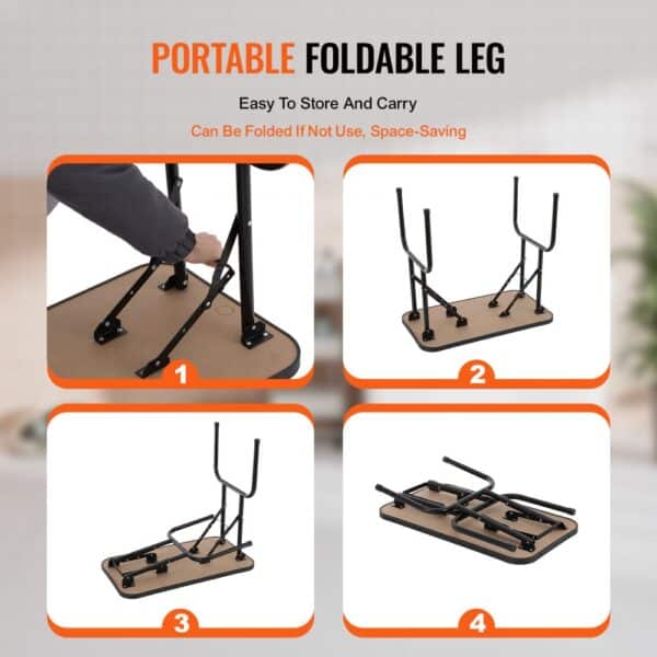 VEVOR pet grooming table with foldable legs for easy storage and portability, demonstrating setup steps.