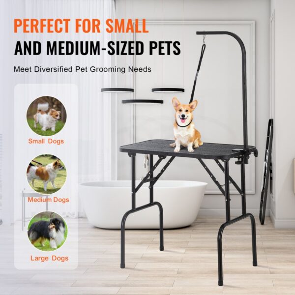 VEVOR pet grooming table for small and medium-sized dogs in a modern bathroom setting with grooming tools.