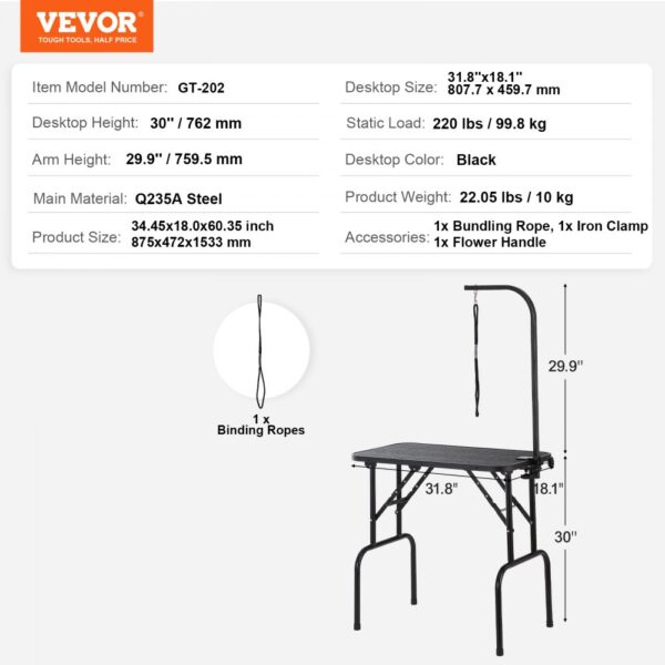 VEVOR pet grooming table dimensions and specifications with included accessories displayed.