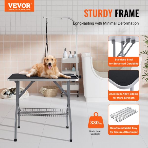 golden retriever on VEVOR pet grooming table with sturdy frame, stainless steel, and reinforced metal tray