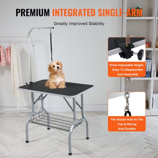 VEVOR pet grooming table with integrated single-arm and adjustable height, featuring a small dog.