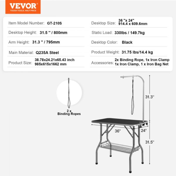 VEVOR pet grooming table with q235a steel frame, 36"x24" desk, 31.5" height, and 330lbs load capacity.