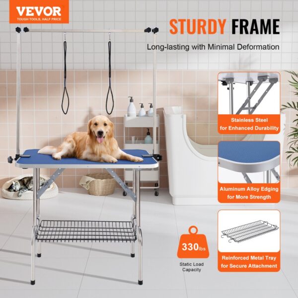 VEVOR pet grooming table with sturdy frame, stainless steel durability, aluminum edging, and metal tray.