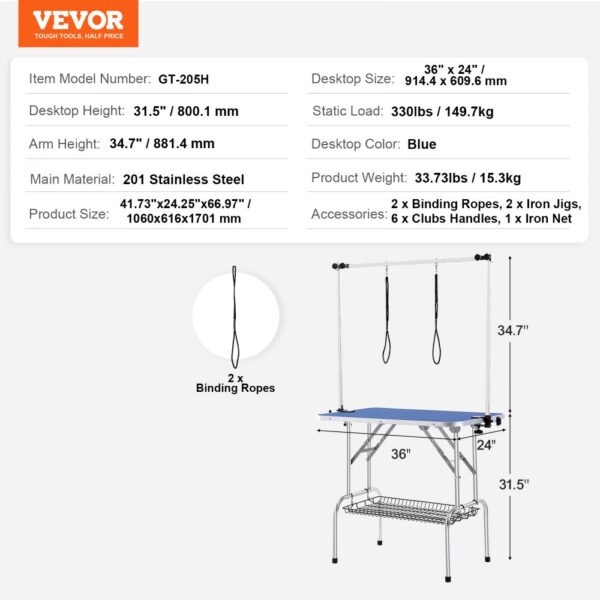 VEVOR pet grooming table specifications: 36"x24" blue desktop, 34.7" arm, 31.5" height, stainless steel.