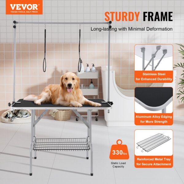 VEVOR pet grooming table with sturdy frame, stainless steel construction, and 330 lbs capacity.