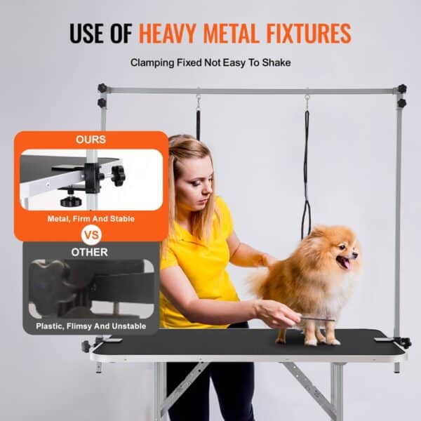 VEVOR pet grooming table: metal fixtures ensure stability, easy clamping, grooming a small dog.