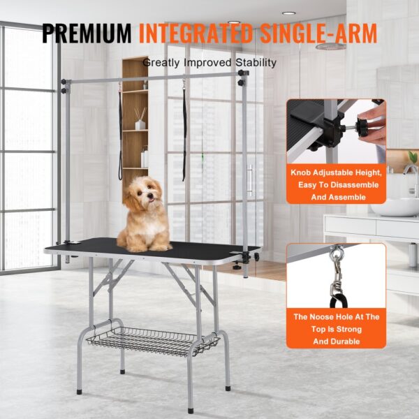 small dog on VEVOR pet grooming table with single-arm frame, adjustable height, and strong noose hole.