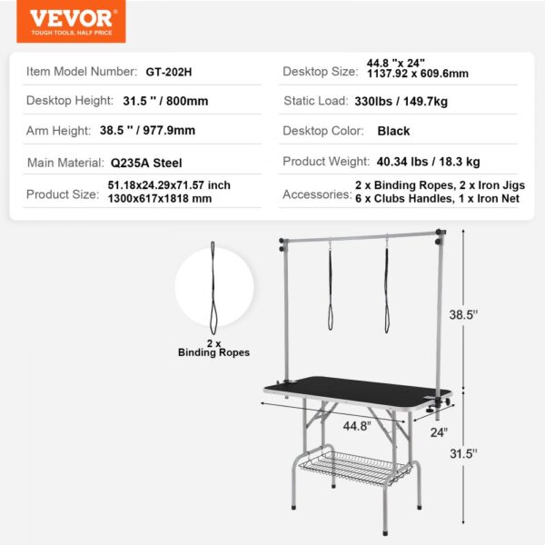 VEVOR pet grooming table with dimensions, load capacity, and accessories detailed alongside product image.