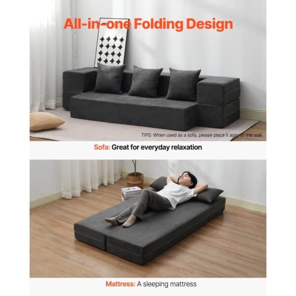 VEVOR Folding Sofa Bed 3-in-1 Foldable Couch Bed with 3 Pillows Dark Grey Twin