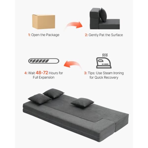 VEVOR Folding Sofa Bed 3-in-1 Foldable Couch Bed with 3 Pillows Dark Grey Twin