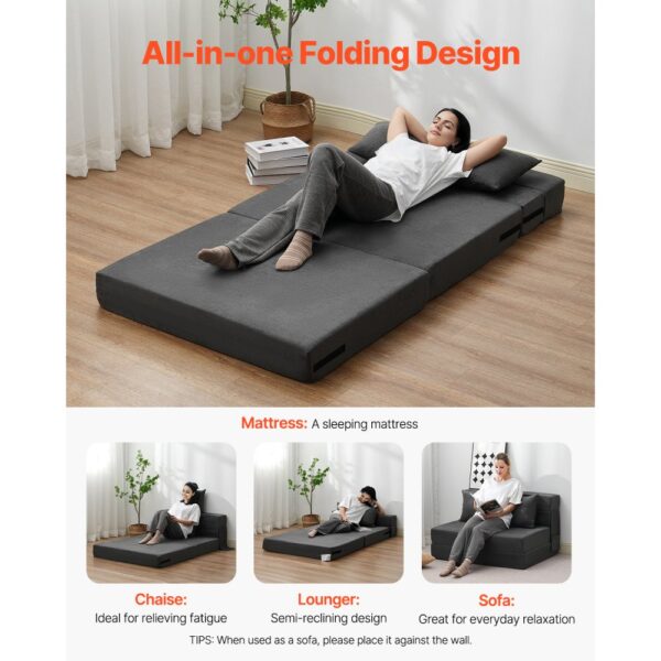 VEVOR Folding Sofa Bed 3-in-1 Foldable Couch Bed with 2 Pillows Dark Grey Twin