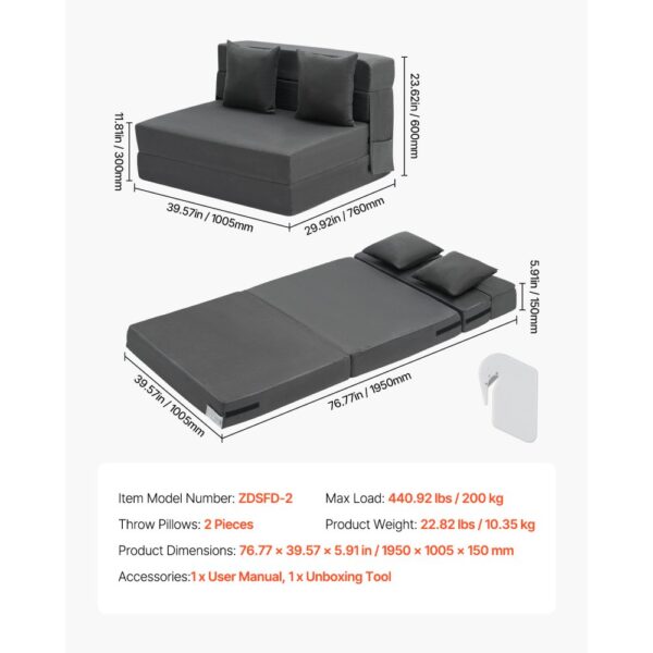 VEVOR Folding Sofa Bed 3-in-1 Foldable Couch Bed with 2 Pillows Dark Grey Twin