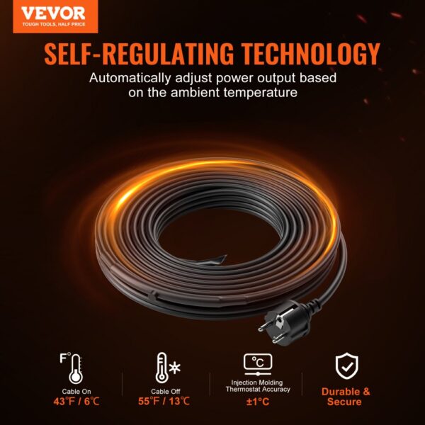 VEVOR Self-Regulating Pipe Heating Cable 3.7m 16.4W/m Heat Tape with Thermostat