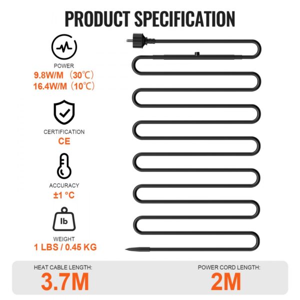 VEVOR Self-Regulating Pipe Heating Cable 3.7m 16.4W/m Heat Tape with Thermostat