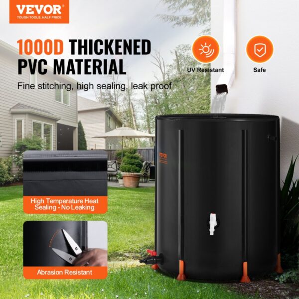 VEVOR collapsible rain barrel with thickened pvc material in a garden setting, uv resistant and safe.