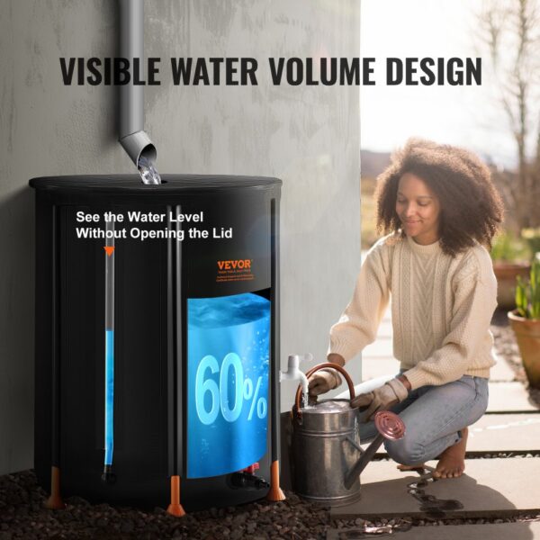 VEVOR collapsible rain barrel with visible water volume design, showing 60% water level and tap use.