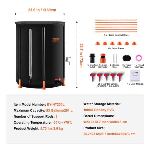 VEVOR collapsible rain barrel with 53 gallons capacity, 1000d pvc, 6 support rods, and various accessories.