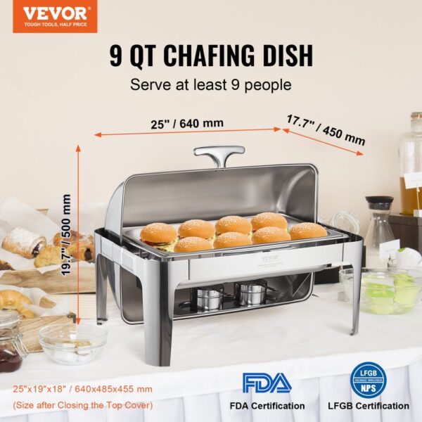 VEVOR roll top chafing dish, 9 qt, with burgers, dimensions shown, and fda, lfgb certifications.