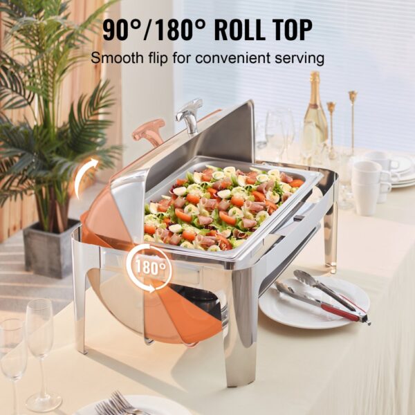 VEVOR roll top chafing dish with 180° flip, filled with a colorful salad, on a table set for dining.