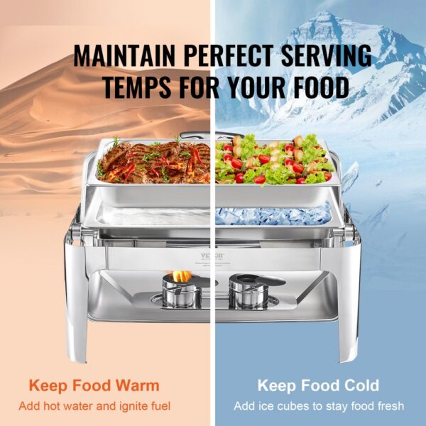 VEVOR roll top chafing dish keeps food warm with heat and cold with ice, ensuring perfect serving temps.