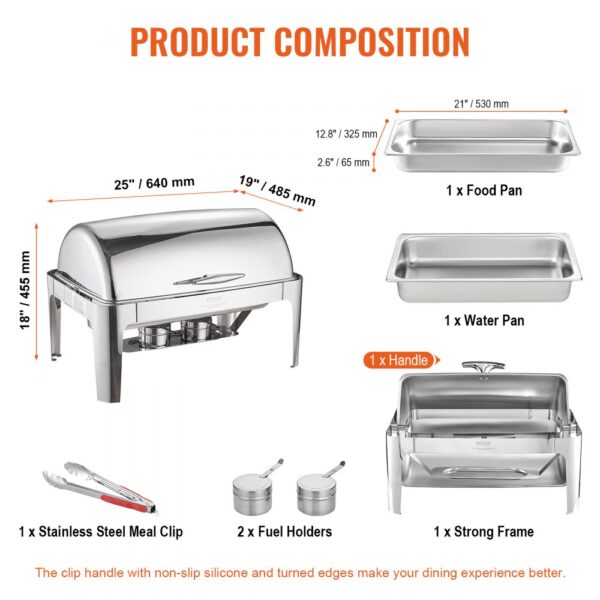 VEVOR roll top chafing dish with stainless steel frame, fuel holders, food pan, water pan, and meal clip.