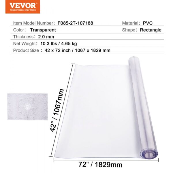 VEVOR PVC Table Protector 42x72 Inch Clear Plastic Desk Protector 2.0mm Thick