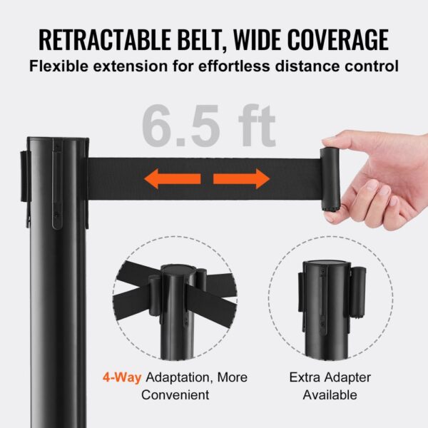 VEVOR crowd control stanchions with retractable 6.5 ft belt, 4-way adaptation, and extra adapter available.