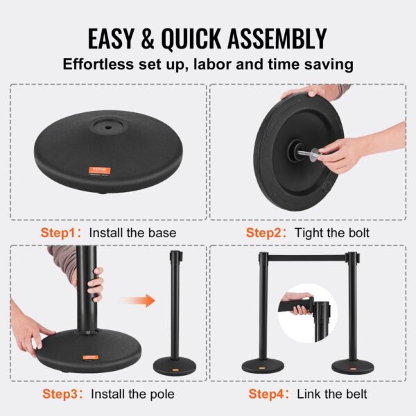 easy assembly steps for VEVOR crowd control stanchions: install base, tighten bolt, install pole, link belt.