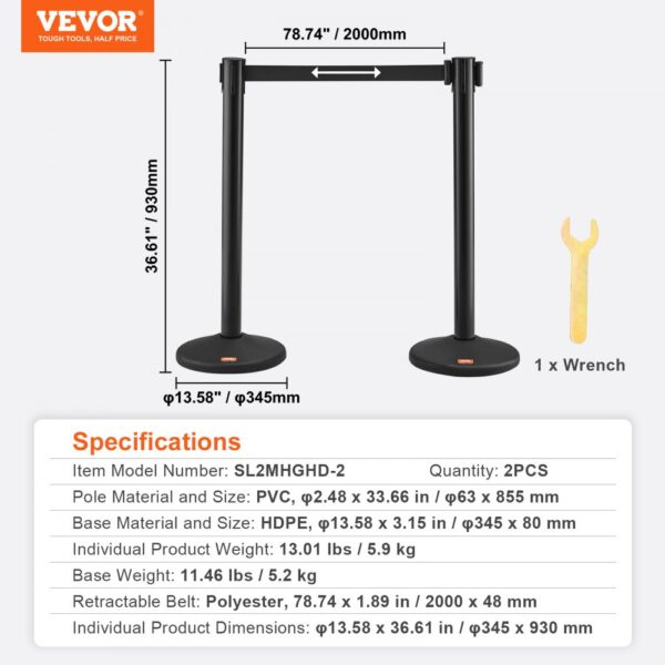 VEVOR crowd control stanchions with retractable belt, dimensions, material details, and specifications displayed.