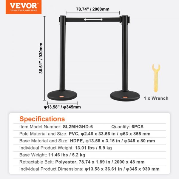 VEVOR Crowd Control Stanchions, 6-Pack Crowd Control Barriers with 3PCS 6.5FT Black Retractable Belts, Plastic Stanchion Queue Post, Belt Barriers Line Divider Stanchion Set for Airport, Exhibition