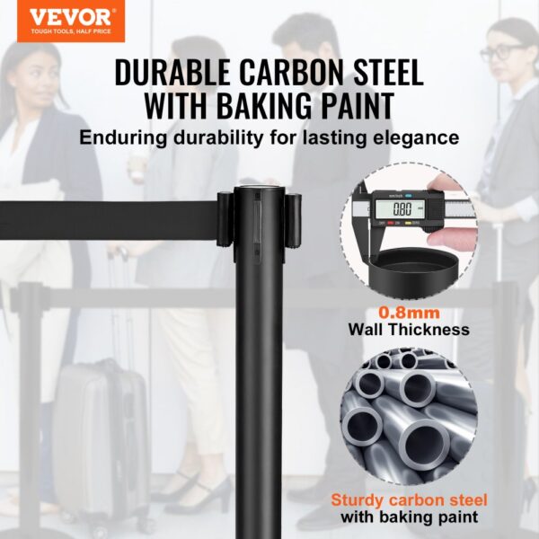 VEVOR crowd control stanchions made of durable carbon steel with baking paint, 0.8mm wall thickness.