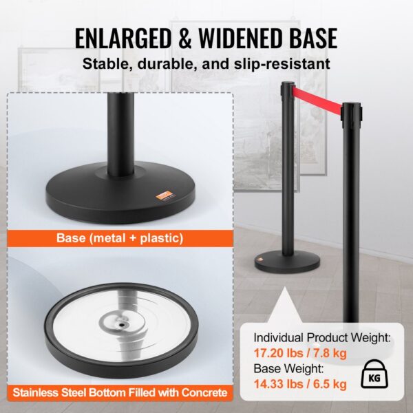 VEVOR crowd control stanchions with enlarged base, stainless steel bottom, and clear weight details.