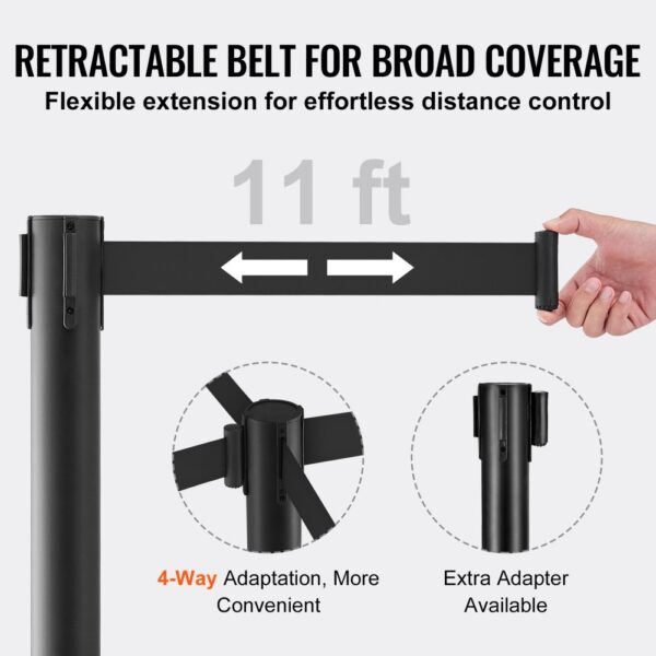 VEVOR crowd control stanchions with 11 ft retractable belt for broad coverage and 4-way adaptation.