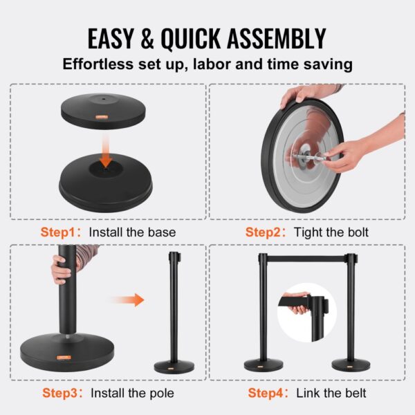 easy assembly of VEVOR crowd control stanchions in four steps: install base, tight bolt, install pole, link belt.