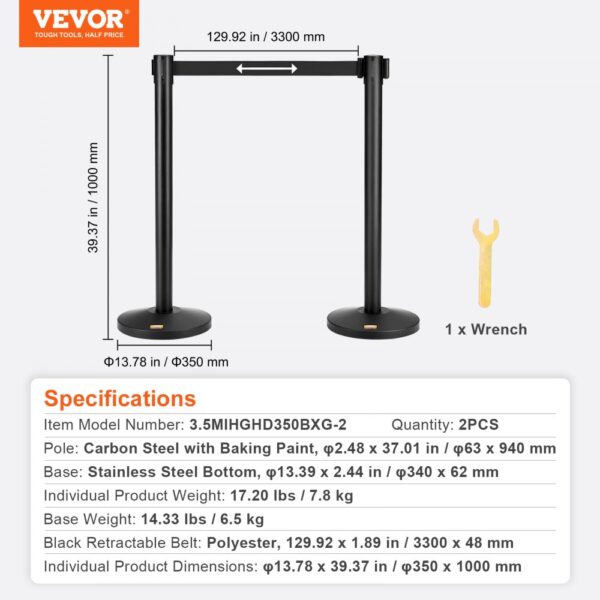 VEVOR crowd control stanchions with black belt, specifications, dimensions, and wrench for assembly.