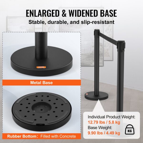 VEVOR crowd control stanchions with enlarged metal base, slip-resistant rubber bottom, and weight details.