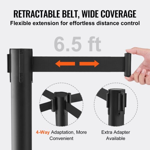 VEVOR crowd control stanchions with 6.5 ft retractable belt and 4-way adaptation for distance control.