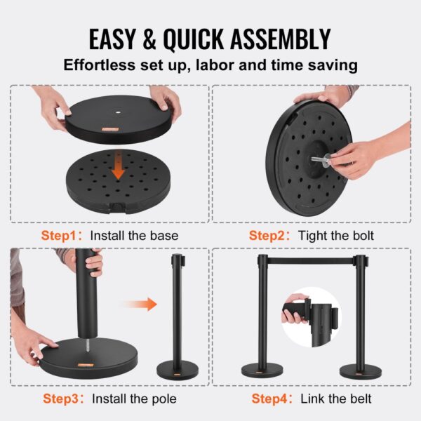 easy assembly steps for VEVOR crowd control stanchions: base, bolt, pole, and link belt.