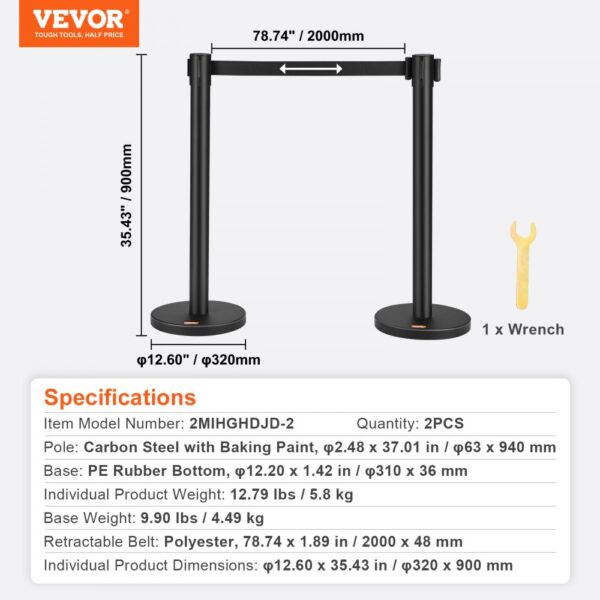 VEVOR crowd control stanchions set with retractable belt, wrench included, dimensions displayed.