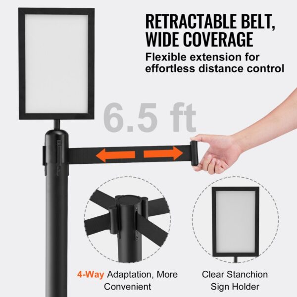 VEVOR crowd control stanchions featuring a retractable belt, sign holder, and 4-way adaptation system.