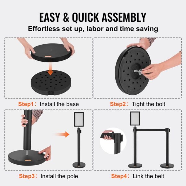 easy assembly guide for VEVOR crowd control stanchions in four steps: base, bolt, pole, belt.