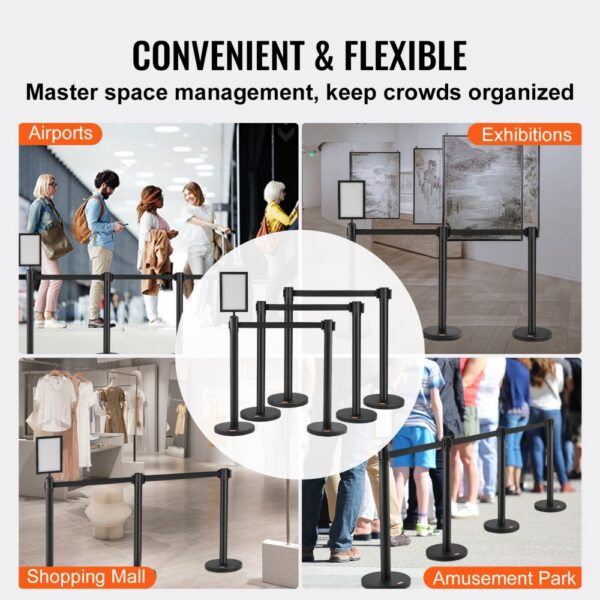 VEVOR crowd control stanchions for airports, exhibitions, shopping malls, and amusement parks.