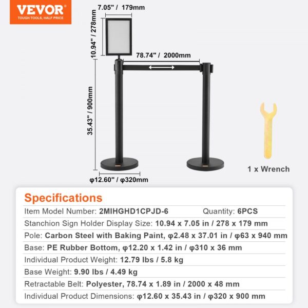 VEVOR crowd control stanchions with dimensions, specifications, and included wrench. quantity: 6pcs.