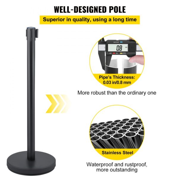 VEVOR 6PCS Black Belt Stanchion Queue Posts Stand Rope Retractable Crowd Barrier